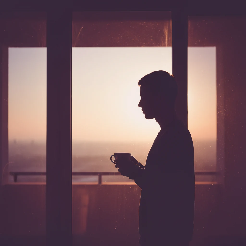 Silhouette einer Person am Fenster mit Kaffeetasse - ruhige Morgenstimmung